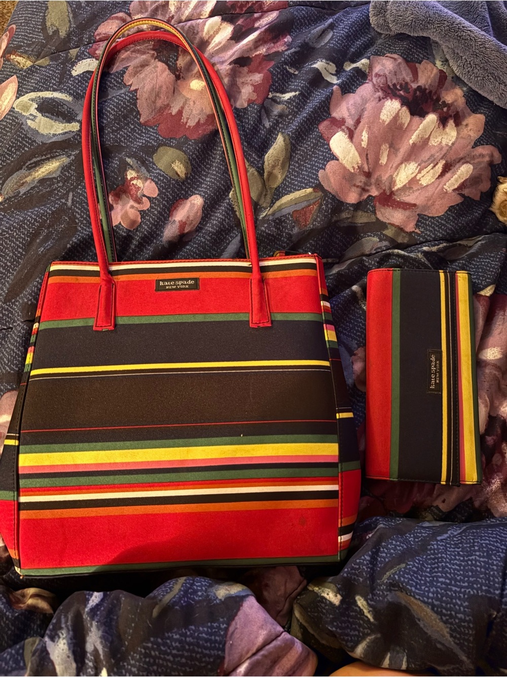 kate spade Red and Black Striped Tote with Matching Wallet
